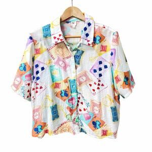 Autres Filles Playing Card Print Button Down Blouse Rayon Linen Quirky whimsy XL